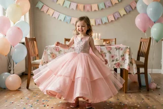Petite fille en robe de princesse rose tulle qui tourbillonne lors d'un anniversaire décoré à la maison