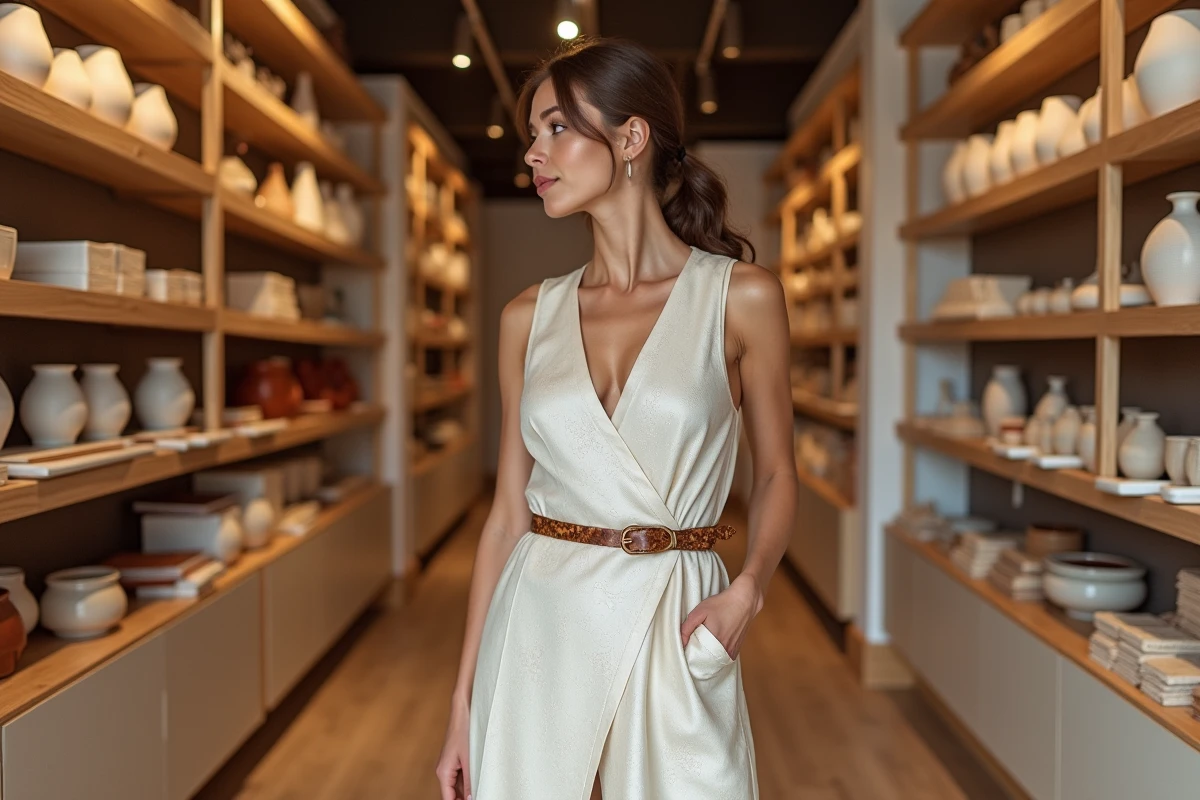 Femme en robe SINEQUANONE à motif jacquard fleuri dans une boutique élégante au décor naturel