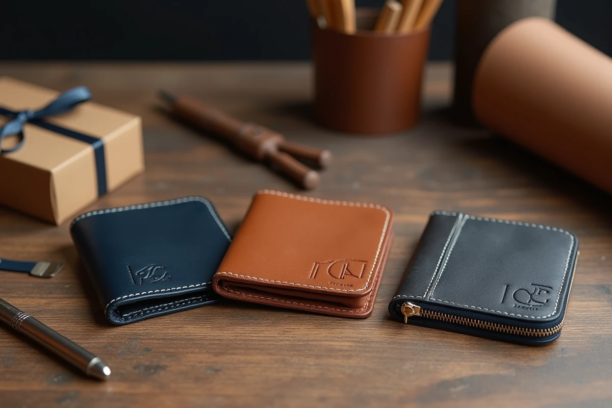 Sélection de trois portefeuilles en cuir personnalisables avec monogramme posés sur un bureau en chêne dans un atelier de maroquinerie pour la fête des pères