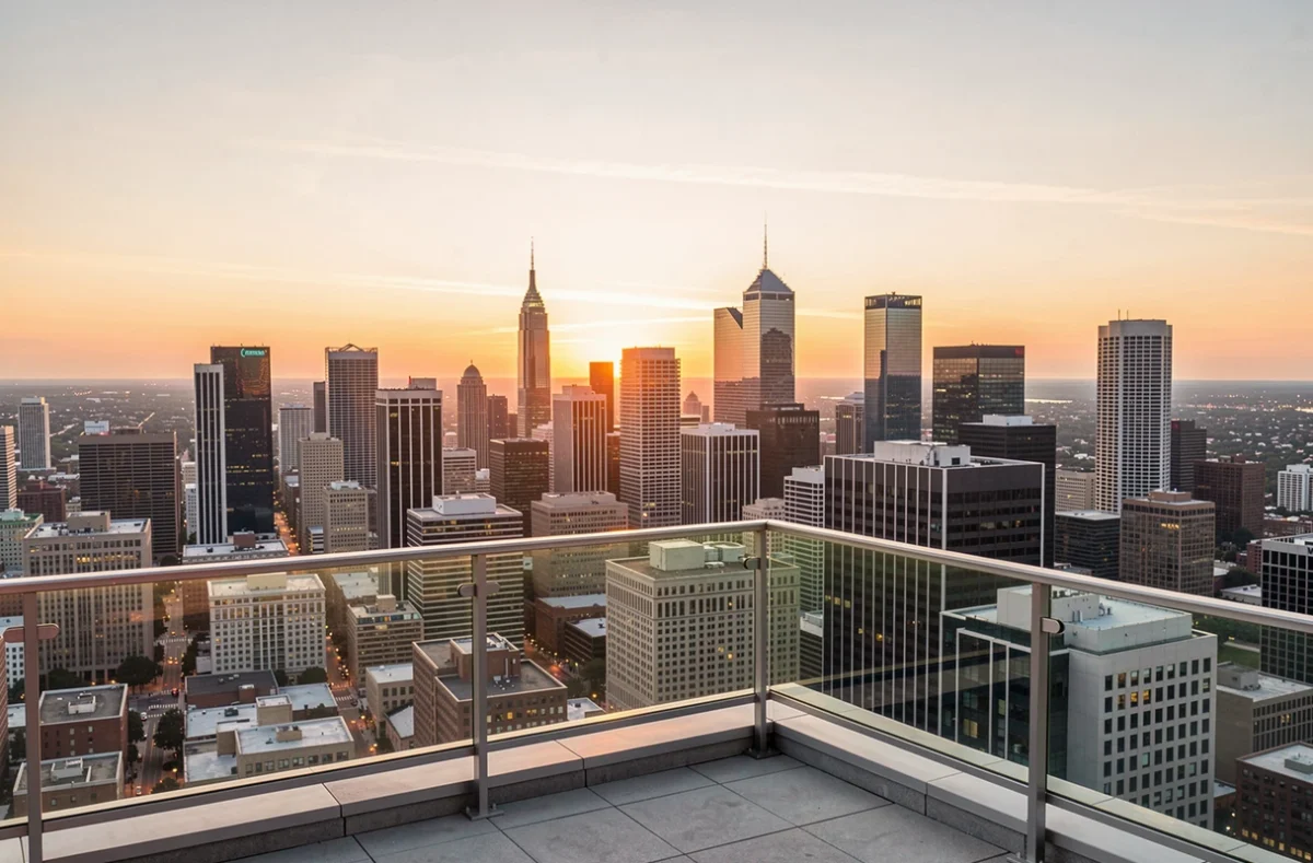 Skyline d'une grande ville au crépuscule, étape du circuit de la mode