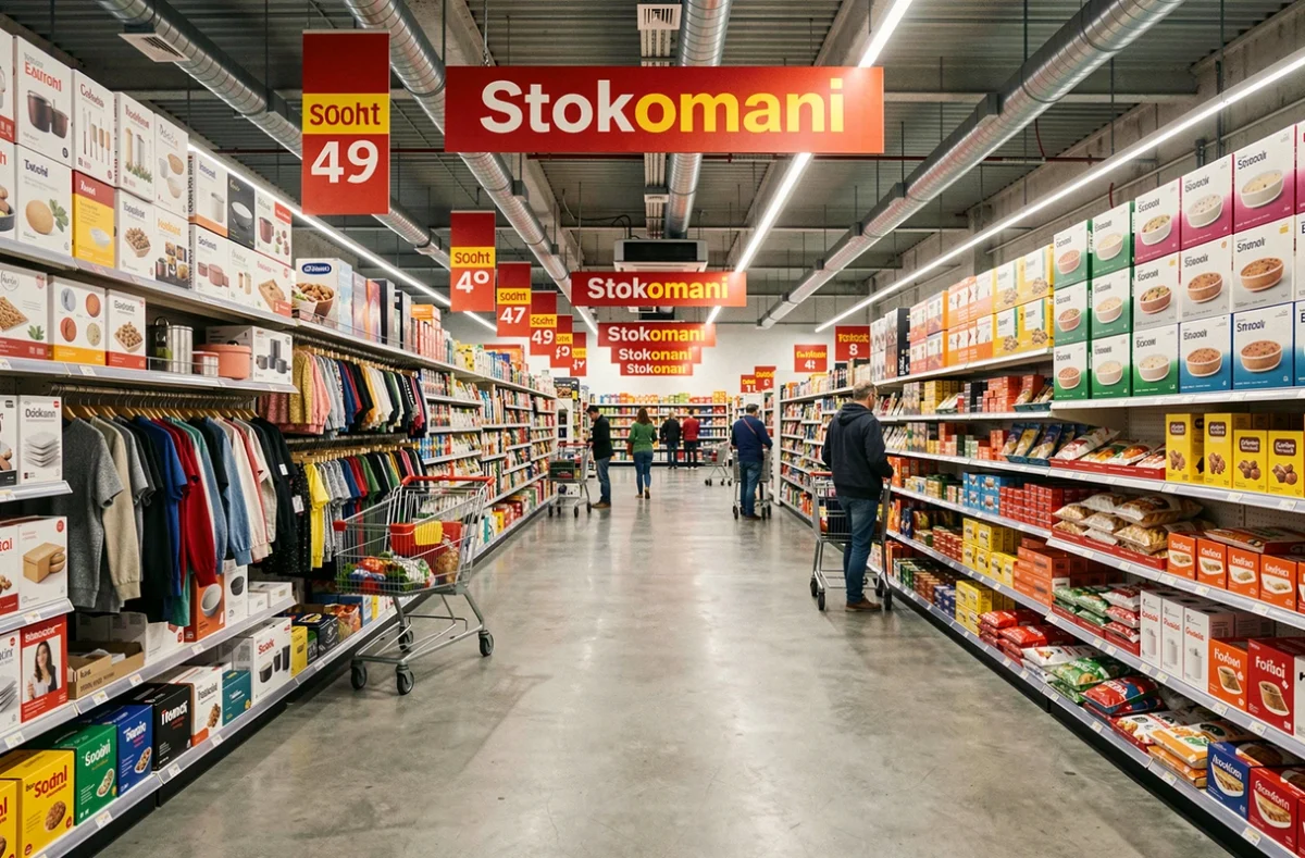 Allées remplies de produits discountés dans le Stokomani de Toulouse avec des clients et des rayons bien achalandés