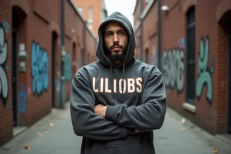Homme musclé portant un hoodie streetwear oversize de grande taille avec broderies dans une ruelle urbaine