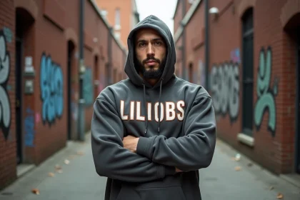 Homme musclé portant un hoodie streetwear oversize de grande taille avec broderies dans une ruelle urbaine