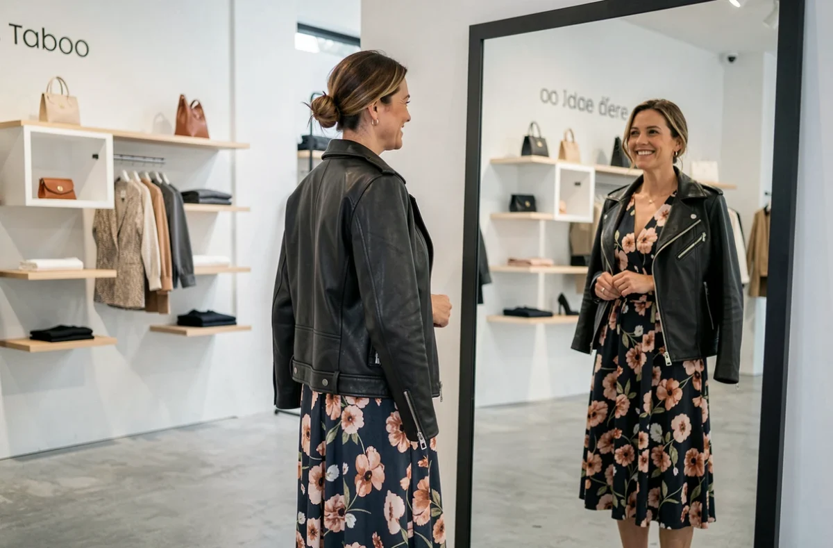 Cliente essayant une tenue tendance dans la boutique Taboo à La Talaudière, intérieur minimaliste avec miroir et présentoirs modernes