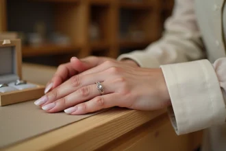 Main de femme posée sur un présentoir en bois avec une bague en argent pour mesurer la taille du tour de doigt
