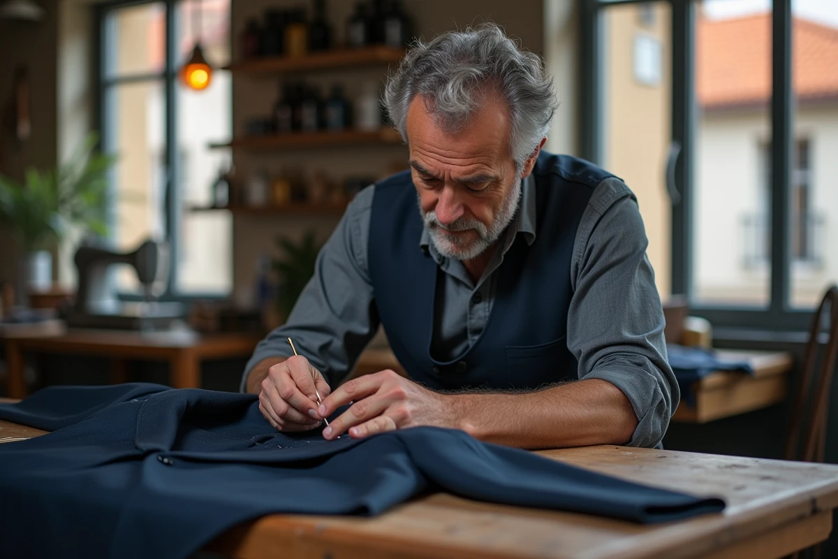 Tailleur homme cousant à la main le col d'un costume sur mesure dans un atelier de couture à Nice