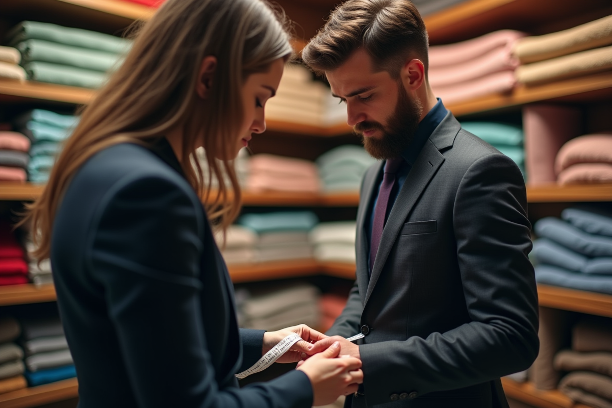 Tailleur mesurant la taille d’un client dans une boutique lumineuse