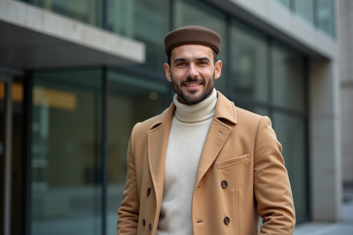 Homme mature en manteau camel portant une taqiyah marron discrète devant un immeuble moderne