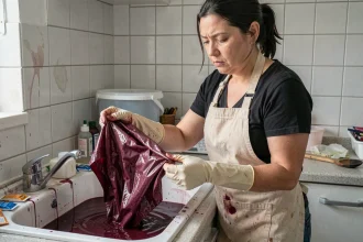 Femme tentant de teindre du tissu polyester dans un évier de cuisine avec de la teinture bordeaux, erreurs courantes de teinture maison