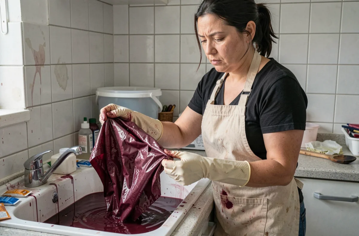 Femme tentant de teindre du tissu polyester dans un évier de cuisine avec de la teinture bordeaux, erreurs courantes de teinture maison