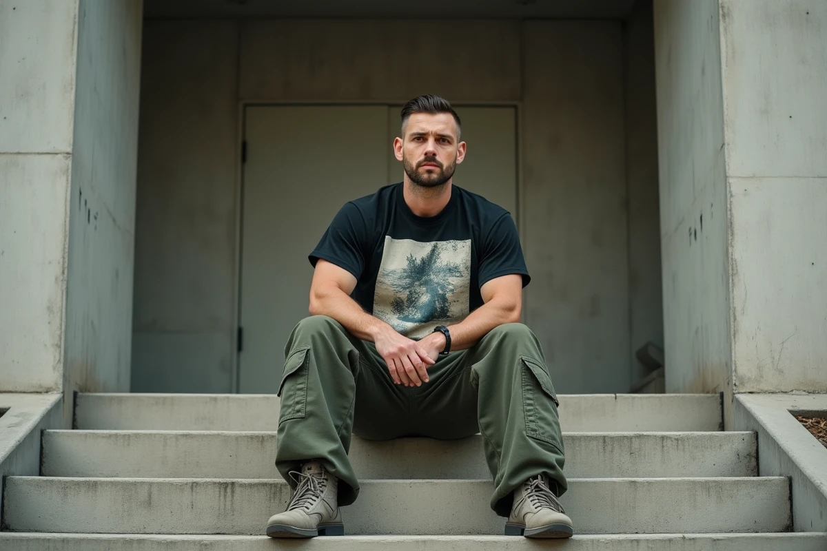 Homme grand et athlétique en t-shirt streetwear XXL oversize assis sur des marches en béton devant un bâtiment brutaliste