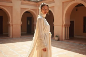 Femme portant un wassat ivoire brodé dans un riad marocain lors de l'Aïd, tenue chic et sobre