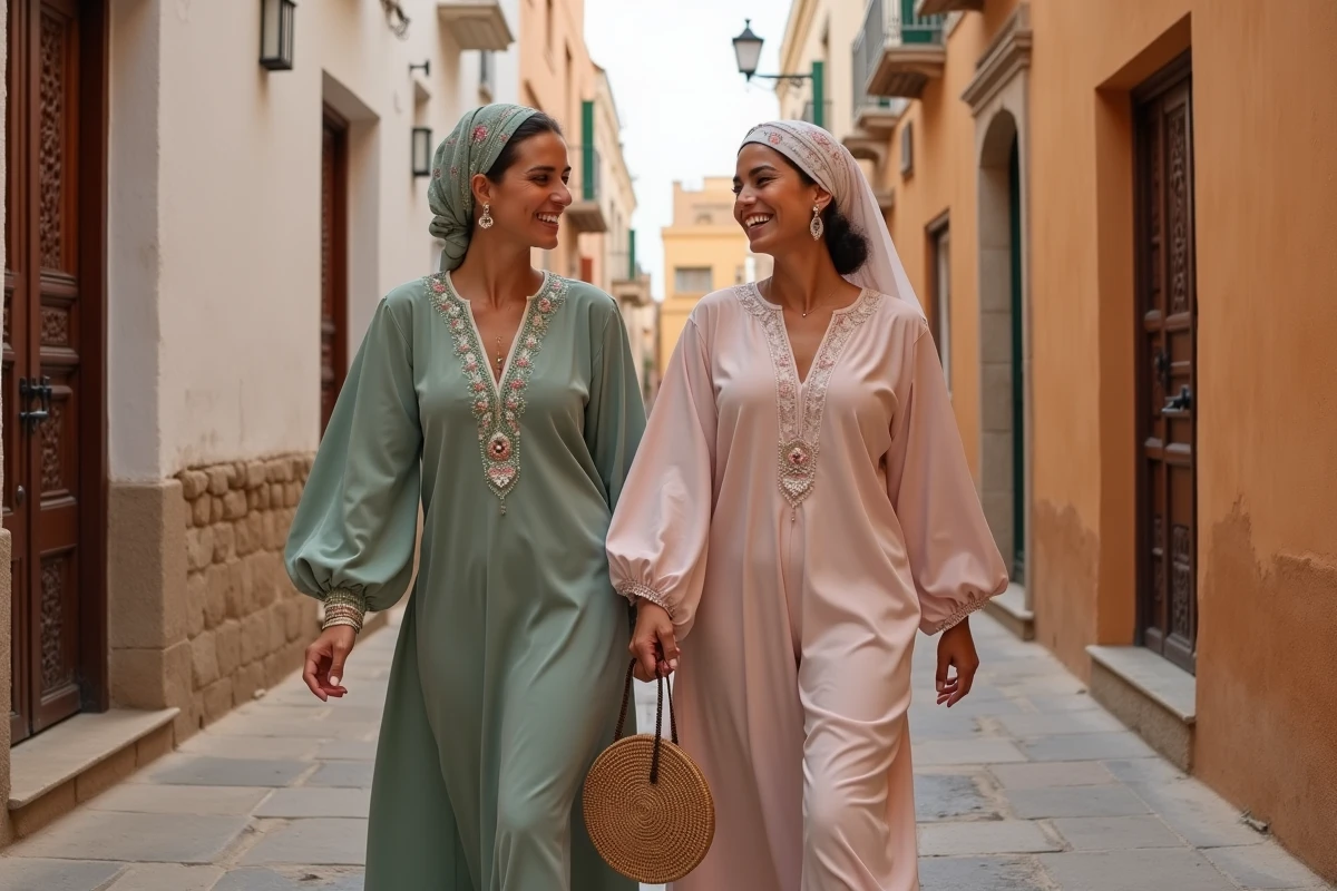 Deux femmes en wassat vert et blush se promenant dans une médina tunisienne lors de l'Aïd