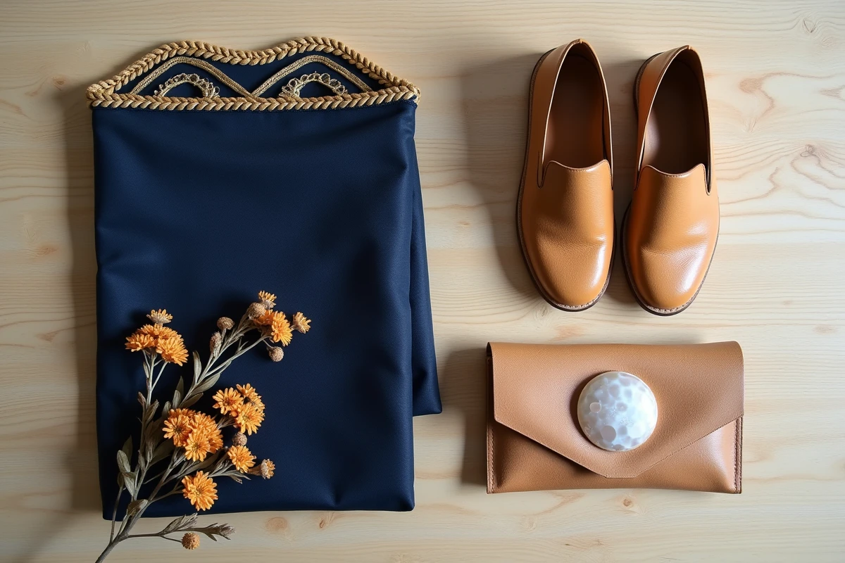 Plat lay élégant d'un wassat bleu nuit avec accessoires dorés et babouches pour une tenue Aïd chic