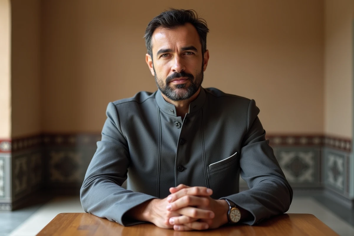 Homme en wassat gris ardoise élégant assis dans un intérieur algérien contemporain pour l'Aïd
